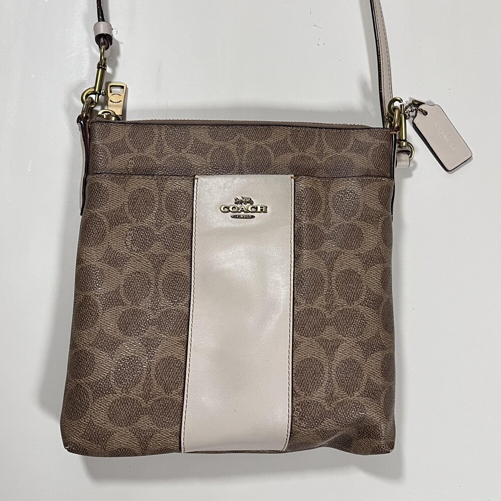 Coach Signature Stripe Crossbody Bag Womens Small Brown Cream Leather Purse